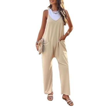 Imagem de Macacão Feminino Com Alça Espaguete, Sem Mangas, Cor Pura, Bolsos, Casual, Perna Larga, Decote Em V, Roupa para Casa (XL)