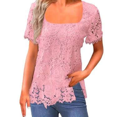 Imagem de Blusas femininas de malha de renda plus size de manga curta elegantes blusas de algodão de verão camisas soltas túnica formal, rosa, GG