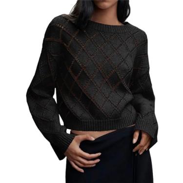 Imagem de Saodimallsu Suéter feminino cropped gola redonda crochê malha casual manga longa vazado pulôver cropped tops, Preto, M