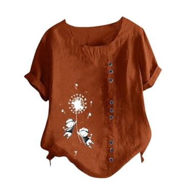 Imagem de Camisetas femininas de linho com estampa de dente-de-leão, gola redonda, manga curta, roupas casuais, Café, GG