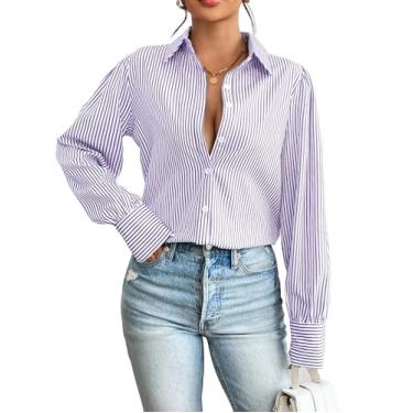 Imagem de Zeagoo Camisetas femininas com estampa de botão lanterna manga longa blusa fashion casual tops 2024, D listrado roxo, M
