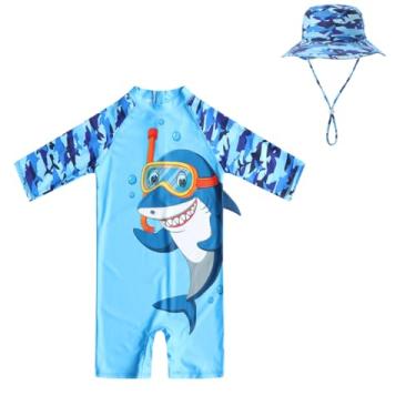 Imagem de Maiô infantil para bebês com proteção solar FPS 50+, peça única, com zíper, chapéu de sol, roupa de banho infantil para praia, Mergulhador de tubarão, 18-24 Months