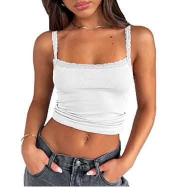 Imagem de AKLOPVII Camiseta feminina com acabamento em renda, alças finas, sem mangas, costas nuas, gola quadrada Y2K, Branco, G