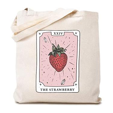Imagem de TSIIUO Bolsa feminina The Strawberry Tarot Card Canvas Tote Bag Funny Strawberry Lover Gift reutilizável para compras, Branco, 15.8 x 13.5 inches