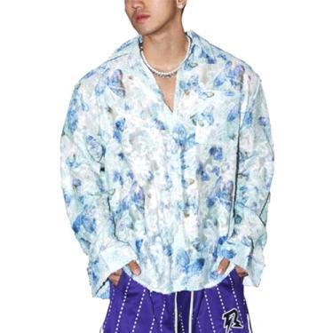 Imagem de Camisa masculina de malha floral de malha transparente transparente com botões, Azul, G
