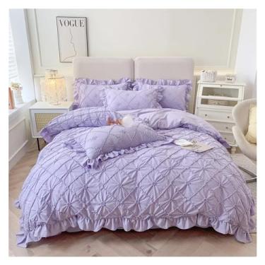 Imagem de Jogo de cama de quatro peças de algodão sólido estilo princesa menina coração colcha jogo de cama de algodão quatro estações, jogo de cama (cama roxa 1,8 m)
