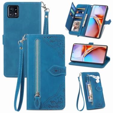 Imagem de Furiet Capa carteira compatível com Motorola Edge+ Plus 2023/Edge 40 Pro 5G/Moto X40 com alça de pulso e suporte de cartão flip de couro, acessórios de celular para X + mulheres azul