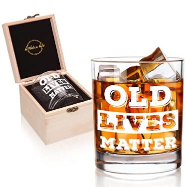 Imagem de Lighten Life Copo de uísque Old Lives Matter 350 g, copo de rocha em caixa de madeira valiosa, ou aposentadoria divertido para vovô, pai, copo de uísque antigo para homens