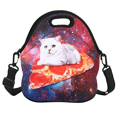 Imagem de Bolsa de almoço de neoprene isolada Violet Mist com alça de ombro térmica para uso ao ar livre, piquenique, grande capacidade para viagem, bolsa de mão, lancheira, Cat Pizza