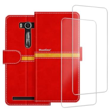 Imagem de ESACMOT Capa de celular compatível com Asus Zenfone 2 Laser ZE550KL + [2 unidades] película protetora de tela de vidro, capa protetora magnética de couro premium (5,5 polegadas) vermelha