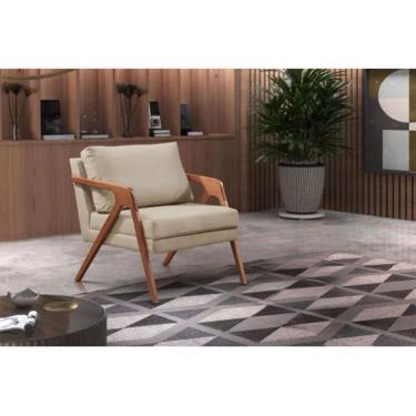 Imagem de Poltrona Decorativa Mona Luxo Veludo Bege e Base Madeira Maciça