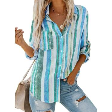 Imagem de Blusas femininas de verão casual listrada com decote em V túnica tops manga comprida camisas com botões(Color:Blue,Size:XX-Large)