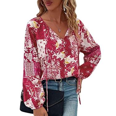 Imagem de Blusa de Chiffon para Mulheres, Botão Frontal Estampado Com Decote Em V, Camisa Casual para Mulheres para Compras (XL)