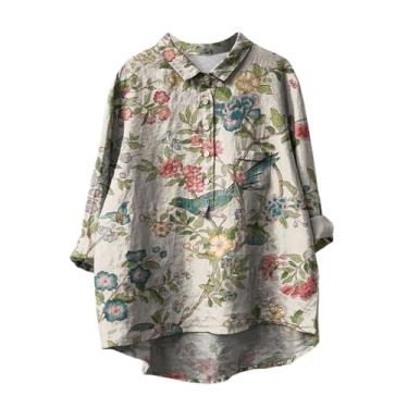 Imagem de Camiseta feminina de linho com estampa de flores, ajuste solto, gola lapela, botões, manga comprida, blusas casuais, Bege, GG