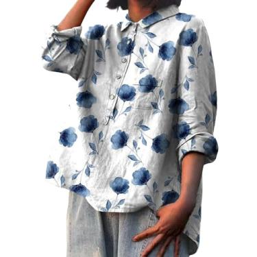 Imagem de Camiseta feminina de linho, estampa de flores, manga comprida, gola lapela, botões, blusa folgada, casual, Azul, XXG