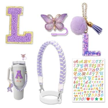 Imagem de Conjunto de acessórios de copo para Stanley Cup 850.5 g 1,134 g, garrafa de água, alça de copo com alça de letras, adesivos e cobertura de palha de borboleta (roxo G)