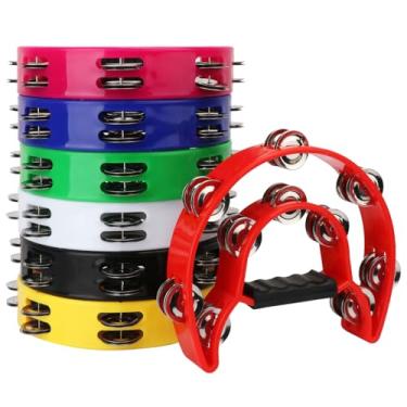 Imagem de IHDYPPEW Pacote com 7 pandeiros de fileira dupla – Pandeiro portátil profissional de 23 cm, 20 jingles de metal, pandeiro musical meia lua, pandeiros de plástico para adultos, amantes de música e