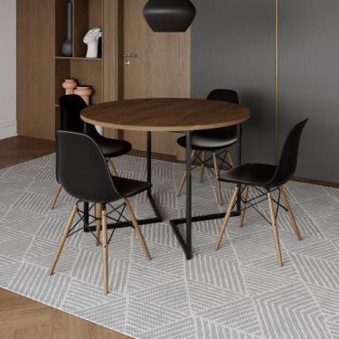 Imagem de Mesa Jantar Industrial Redonda 110cm Amêndoa Base V Ferro Preto com 4 