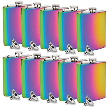 Imagem de Clear Water Home Goods - Cantil de aço inoxidável galvanizado arco-íris de 236 ml com funil - festa de casamento - padrinho - dama de honra (pacote com 10)
