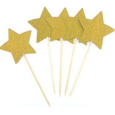 Imagem de TooMeeCrafts Topo de bolo de estrela com glitter de dois lados para decoração de tema de chá de bebê Twinkle Twinkle Little Star, pacote com 12