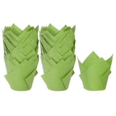 Imagem de HARFINGTON 100 peças de forros de cupcake de tulipa copos de papel padrão para assar embalagens à prova de gordura descartáveis para banquetes de aniversário, festa verde