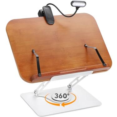 Imagem de Suporte de livro para leitura com base giratória de 360°, suporte ajustável para livros de receitas para mesa com luz de livro, suporte de mesa dobrável para livros didáticos, receitas, partituras,