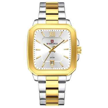 Imagem de Relógio De Quartzo Masculino Casual Mostrador Quadrado Em Aço Inoxidável Impermavel Branco Dourado