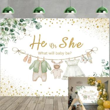 Imagem de Pano de fundo verde revelador de gênero 1,8 x 1,8 m para ele ou ela, o que será o bebê, banner, boêmio, folhas de eucalipto, folhas de eucalipto, chá de bebê, suprimentos para fotos