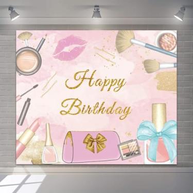 Imagem de Pano de fundo de aniversário com tema de spa, 3 x 2,4 m, para meninas, maquiagem, feliz aniversário, festa, fotografia, cenário, princesas, cosméticos, cenário de fotografia rosa doce, tema de