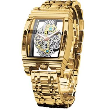 Imagem de FORSINING Relógio masculino de luxo com esqueleto vazado, retrô, lindo design de escultura retangular, com mostrador grande, cinto de couro e pulseira de aço inoxidável, relógio de pulso de quartzo, relógios não mecânicos, Dourado
