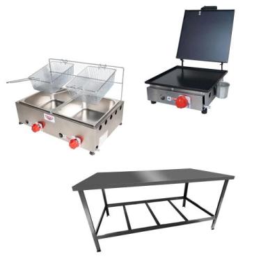 Imagem de Kit Lanchonete Mesa de Manipulação 120x55cm + Fritadeira a Gás 2 Cuba 