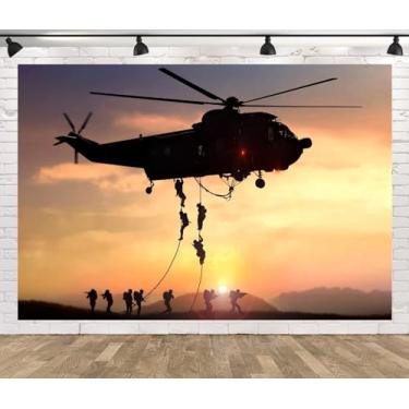 Imagem de CORFOTO Tecido de pano de fundo de helicóptero militar com vista do pôr do sol, 3 x 2,4 m, equipe de assalto militar, helicóptero, silhueta de fundo para decoração de festa do dia dos veteranos,