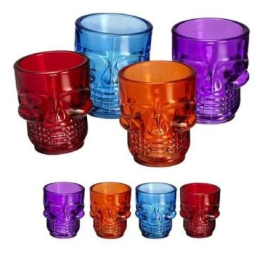 Imagem de Jogo De Copo Shot Dose Vidro Caveira Colorido Kit Com 4 Pçs - Hauskraf