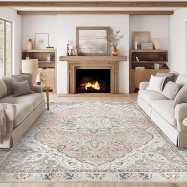 Imagem de befbee Tapete de área 9x12, tapetes de área laváveis ultrafinos para sala de estar, antiderrapante leve dobrável vintage boho persa grande tapete (rosa/cinza, 2,5 x 30,5 cm)