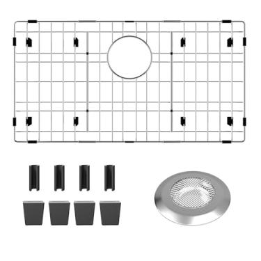 Imagem de Protetores de pia para pia de cozinha 26-1/20.3 cm x 14-1/20.3 cm protetor de pia de aço inoxidável com orifício de drenagem traseiro rack de pia para fundo da pia com filtro de pia (prata, separável,
