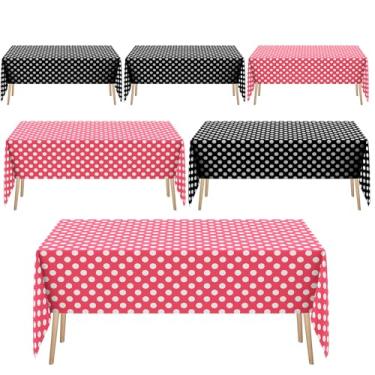 Imagem de Oudain 6 peças de toalhas de mesa de bolinhas 137 x 277 cm macaron cor retângulo toalha de mesa para chá de panela, casamento, formatura, festa de aniversário (rosa e preto)