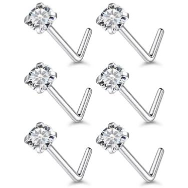 Imagem de Qiwnswoy Piercing de nariz de aço cirúrgico/titânio, 6 peças, piercing de nariz em forma de L, joia corporal para mulheres, 22 g/20 g/18 g, Metal Cristal, Zircônia cúbica