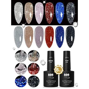 Imagem de YTD Likomey Conjunto de Verniz de Gel Brilhante Refletor, 6 Cores com Base e Top Coat Kit, Preto Prata Rosa Azul Diamante Brilho Gel UV, 8 Pcs 7.5ml