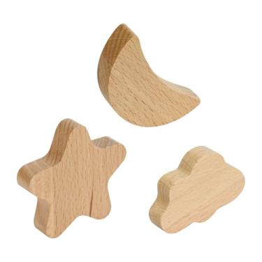 Imagem de 3 peças de ímãs de geladeira bonitos de madeira, estrela, lua, nuvem, imãs para geladeira, imãs de geladeira com tema de céu de madeira para decoração de geladeira, casa e escritório (série Sky)