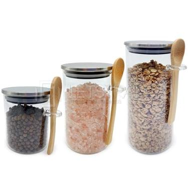 Imagem de Conjunto de Potes de Vidro Borossilicato com Colheres de Bambu, 3 Peças, 500ml/750ml/1000ml, Tampa Inox