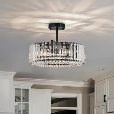 Imagem de Lingkai 15.8" Lustre De Cristal Moderno Preto Redondo Semi Embutido Luminária De Teto Lustre Para Sala De Estar Sala De Jantar Quarto Corredor Entrada Cozinha