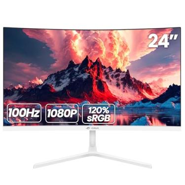 Imagem de CRUA Monitor curvo de 61 cm, monitores de computador FHD (1920 × 1080P) 100 Hz 99% sRGB, biséis estreitos em três lados, monitor PC com filtro de luz azul para casa, escritório e dormitório (HDMI,