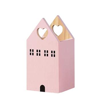 Imagem de Porta-lápis de madeira, fofo, em forma de casa, caixa de armazenamento de mesa, escola, escritório, papelaria, porta-canetas (rosa