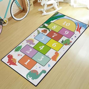 Imagem de Dinossauro Hopscotch Numbers Tapete de área de brincar para quarto de crianças, antiderrapante, tapete educativo para sala de jogos, tapete de chão de aprendizagem de dinossauros, grande, 160 cm x 81