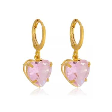 Imagem de Brinco Argolinha Pedra Cristal Coração Folheado Ouro 18k Antialérgico (ROSA BEBÊ)