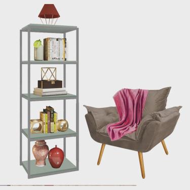 Imagem de Kit Poltrona Fatte com Manta Soft e Estante Livreiro Ferro Cinza mdf Verde Oliva Suede Bege - Ahazzo Móveis