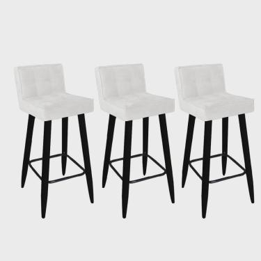 Imagem de Kit 03 Banqueta Alta Lucy Com Encosto Cozinha Bar Balcão Bistrô Pé Palito Preto Corino Branco - Ahazzo Móveis