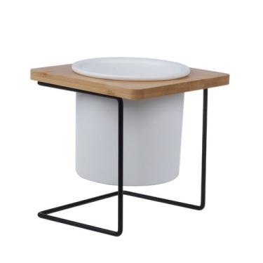 Imagem de Cachepot de ceramica branco c/base metal E madeira