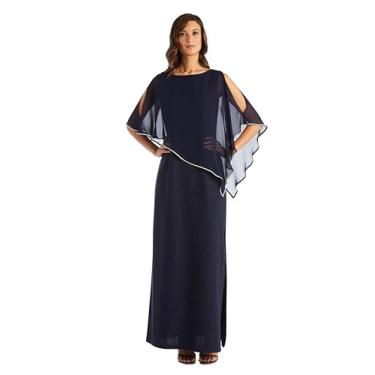 Imagem de R&M Richards Vestido longo listrado metálico com poncho de chiffon com acabamento em strass, Azul marino, 52