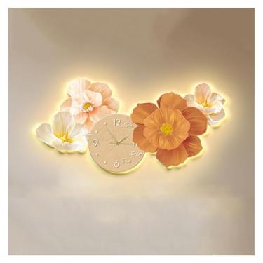 Imagem de Pintura decorativa com relógio Decoração de luminária de parede grande com flores, relógio e controle remoto para sala de estar, luminária de parede moderna 3D, relógios de parede silenciosos e anti-t